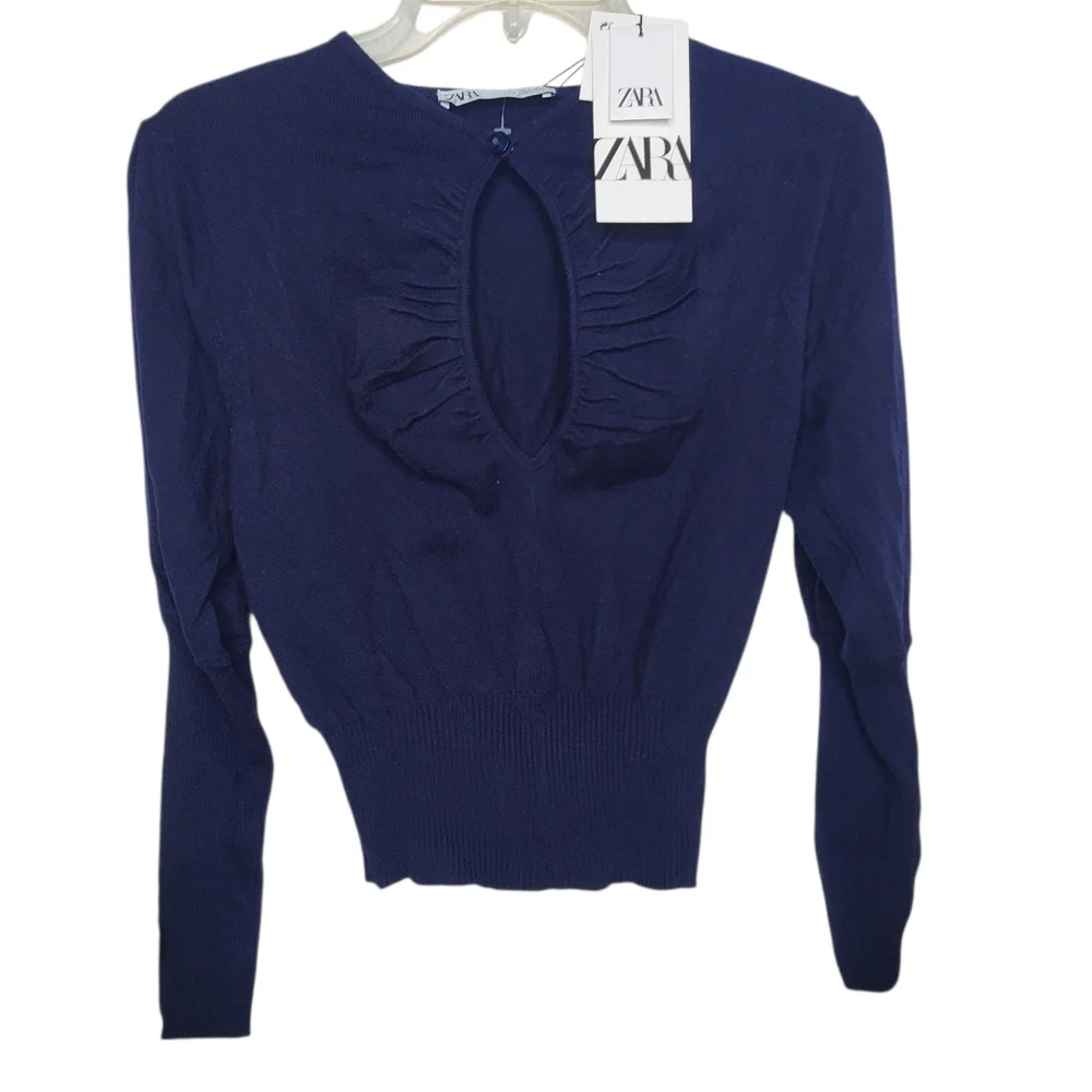 Zara Knit Jumper Navy Blue Cut Out Keyhole Sweater Large #169 Feminine Preppy